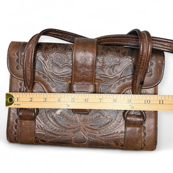 Vintage Tooled Leather Satchel Purse Flores‎ Bags Brown Boho Western Mexico - Picture 12 of 13